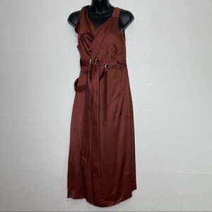 ALTUZARRA Bias Cut Sleeveless Satin Buckle Dress Rust 40